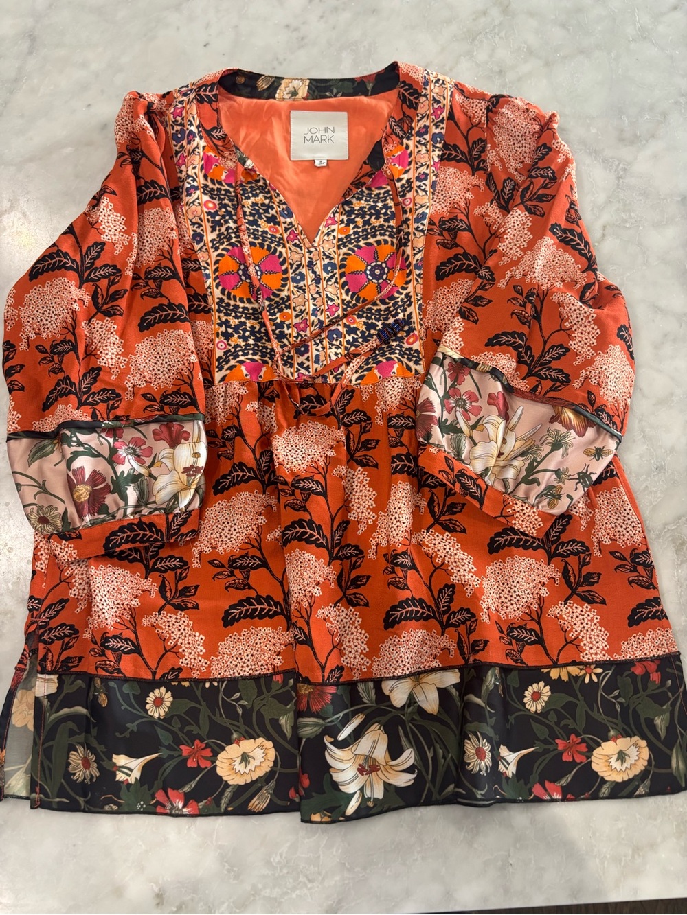 John Mark Orange Floral Boho Tunic Blouse